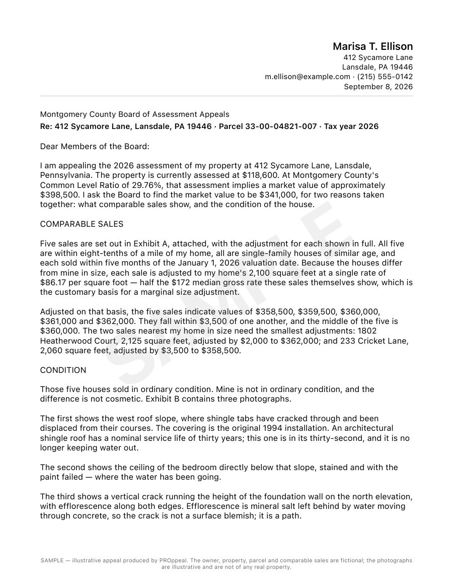 Page one of a sample PROppeal appeal letter, addressed to the Montgomery County Board of Assessment Appeals